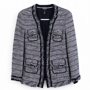WHBM Tweed Fringe Jacket Petite 6P Navy Chain Trim Chanel Style Blazer